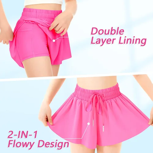 Miniatura 4 de Pantalones cortos fluidos de mariposa con bolsillo 2 en 1, pantalones cortos atléticos para correr, para niñas, niños, entrenamiento activo
