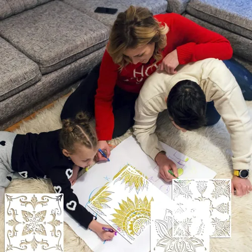 Miniatura 3 de Paquete de 9 plantillas reutilizables grandes (12 x 12 pulgadas) con diseño de mandala, plantilla de pintura cortada con láser, para piso, pared