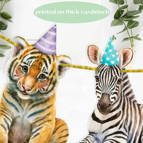Miniatura 4 de Pancarta de animales de safari, 2 unidades, banderines recortados para fiesta de selva, carteles colgantes con temática de safari, decoraciones
