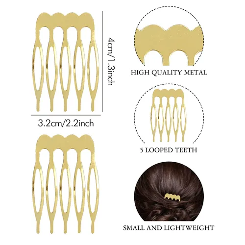 Miniatura 5 de Lawie Paquete de 20 peines laterales de metal dorado a granel con 5 dientes, para manualidades, manualidades, para boda, velo de novia, peinetas