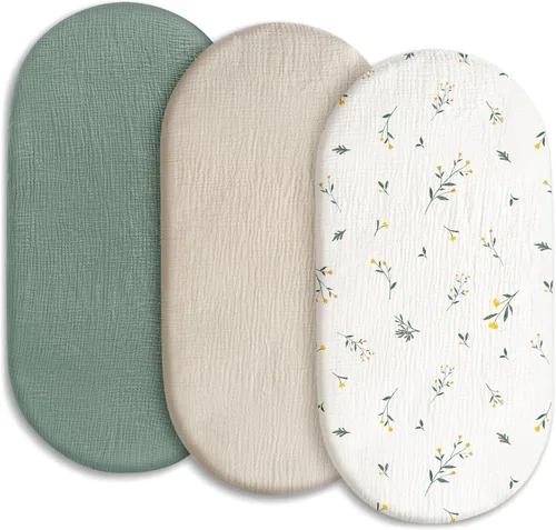 Gllquen Baby Sábanas de Muselina para Moisés Paquete de 3, Sábanas Ajustadas de Algodón Transpirables Elásticas y Acogedoras para Colchón de Moisés