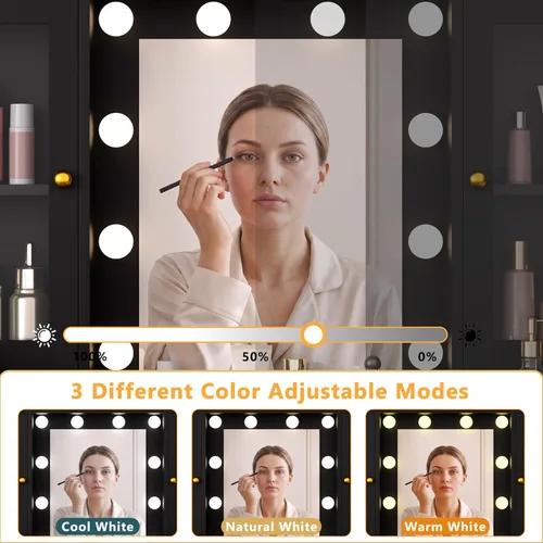 Miniatura 5 de HUANLEGO - Escritorio negro con espejo y luces para niñas y mujeres Makeup Vanity Mirror with Lights, LED RGB Lights Strip, Power Outlet, 7