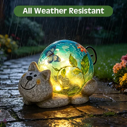 Miniatura 5 de Afirst Estatuas solares de jardín para exteriores, adorno de césped de gato con luces solares de vidrio agrietado, decoración al aire libre