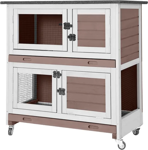 Miniatura 11 de Aivituvin - Conejera de dos pisos con ruedas para conejos, jaula para conejos de interior y exterior con 2 bandejas profundas sin fugas