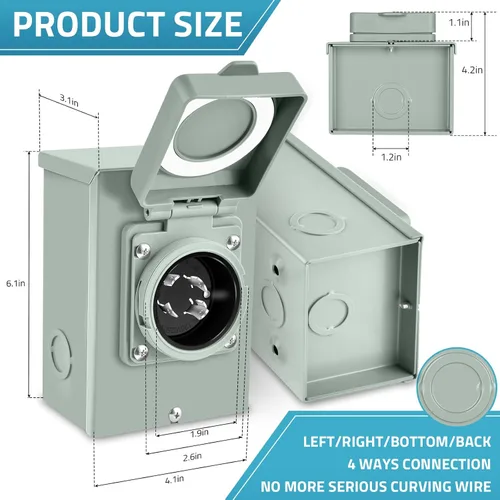 Miniatura 8 de PAULINN Caja de entrada de corriente del generador de 30A NEMA 3R Caja de salida del generador para receptáculo exterior, 4 clavijas, PB30, L14-30P