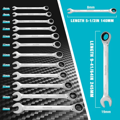 Miniatura 4 de DURATECH Juego de 12 llaves de trinquete combinadas, 72 dientes, métricas, 8-19mm, acero Cr-v, organizadas en estuche de almacenamiento