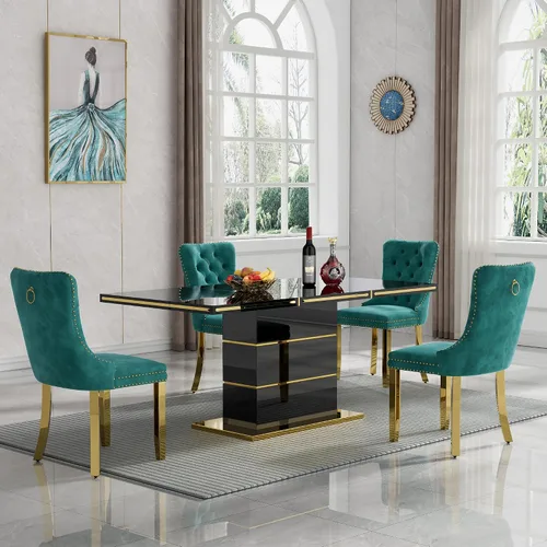 Miniatura 12 de Juego de 5 mesas de comedor negras brillantes para 4, mesa de cocina moderna de madera de alto brillo con 4 sillas de terciopelo beige, mesas
