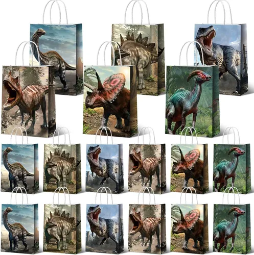 Funrous Bolsas de regalo de fiesta de dinosaurio con mango, bolsas de papel para golosinas de dinosaurio con asas, paquete de papel para golosinas