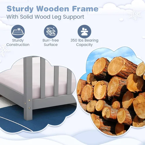 Miniatura 7 de KOMFOTT Cama de Casa de Madera Twin para Niños, Marco de Cama de Piso de Perfil Bajo con Techo, Cabecera y Pie de Cama para Niños y Niñas, No