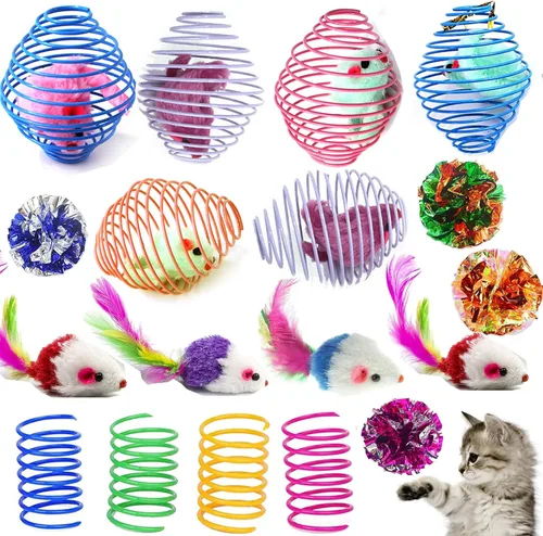 Paquete de 18 bolas de resorte de metal para gatos, elásticas, grandes y grandes, juguete en espiral, bolas arrugadas, bobinas enrollables, resortes