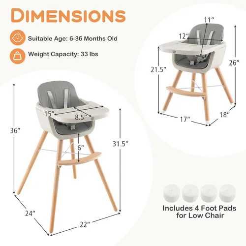 Miniatura 6 de BABY JOY Trona convertible para bebé, 3 en 1, silla alta/elevado/asiento de madera con bandeja extraíble, patas ajustables, arnés de 5 puntos, cojín