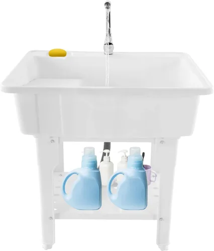 Fregadero de plástico independiente con tabla de lavadero, fregadero resistente para interiores y exteriores con grifo de agua fría y caliente para