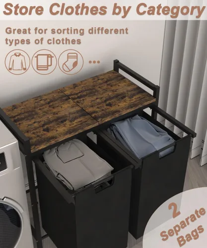 Miniatura 2 de Cesta de ropa grande de 12 x 2 galones con ruedas, 2 bolsas clasificadoras extraíbles y removibles, organizador de cesta de ropa independiente