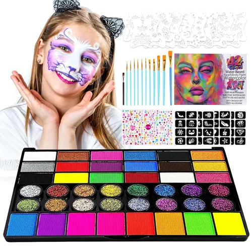 Kit de pintura facial de 42 colores para niños, kit de paleta de pintura facial de agua no tóxica profesional con pinceles, plantillas, gemas,