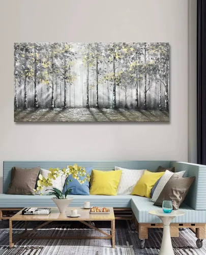 Miniatura 3 de V-inspire arte, 24x48 pulgadas moderno impresionista árbol arte 100% pintado a mano lienzo arte de la pared pintura al óleo grande azul gris