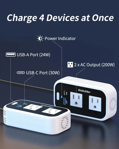 Miniatura 9 de Inversor de corriente para auto de 200 W, Blubluman CC 12 V a 110 V CA, adaptador de toma de enchufe para automóvil con cargador PD de 30 W