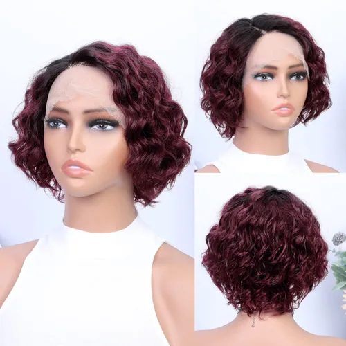 Miniatura 2 de WIGER Pelucas de cabello humano corto rizado, estilo Bob, peluca de cabello castaño corto rizado con encaje frontal para mujeres negras, 8 pulgadas