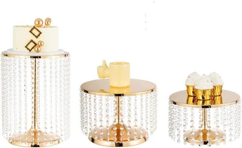 Bigsee Juego de 3 soportes para pasteles dorados, soporte de pastel de metal con espejo, pedestal de pastel con colgantes de cristal y cuentas,