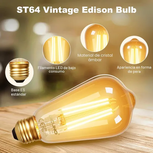 Miniatura 4 de DiCUNO Bombillas Edison E26 de 60 W, 2200 K ámbar cálido, bombilla LED Edison de 6 W ST64, vidrio ámbar, luz LED vintage para el hogar, 600 lm,