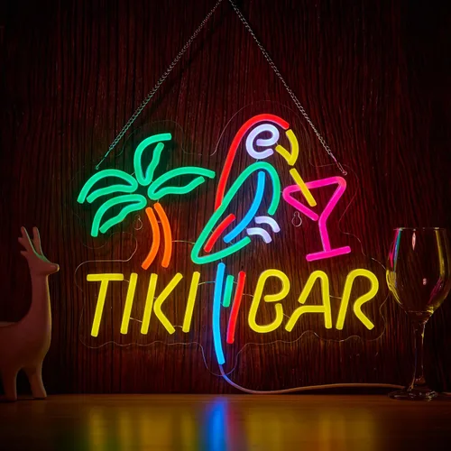 Letrero de neón Tiki Bar para decoración de pared LED regulable loro árbol de palma cócteles letreros para arte de barra de cerveza hombre cueva luz