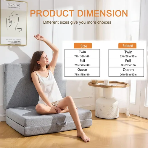 Miniatura 5 de Colchón triple tamaño matrimonial, de espuma viscoelástica plegable de 4 pulgadas, cama de invitados portátil con extraíble y lavable con asas