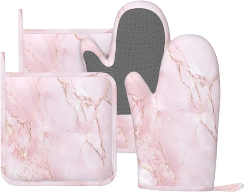 Miniatura 27 de Manoplas de horno y agarradores de ollas de mármol blanco y oro de silicona, accesorios de cocina de 4 piezas, guantes largos resistentes al calor