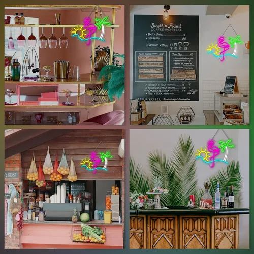 Miniatura 7 de Letreros de neón de flamenco, sol y palmera para decoración de pared, divertido letrero de luz de neón LED regulable, alimentado por USB, para bar