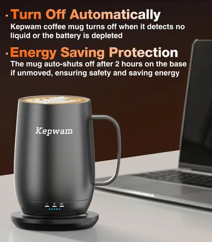 Miniatura 4 de Kepwam Taza de Café con Calefacción T2-Plus, taza de café autocalentable de gran capacidad líder de 20 onzas, hasta 8 horas de batería y caliente