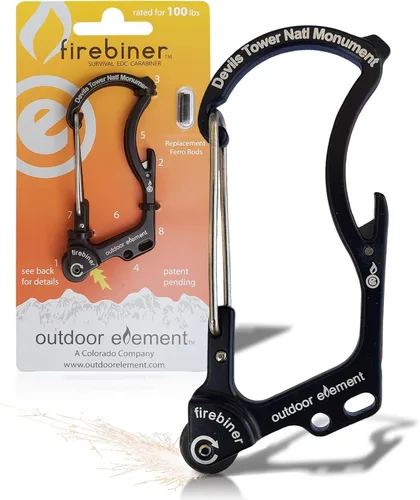 Miniatura 13 de OUTDOOR ELEMENT Firebiner Custom Engraved 6-in-1 Fire Starter Carabiner Multitool – Survival Gear EDC Keychain with Utility Blade, Bottle Opener