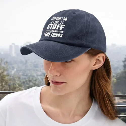 Miniatura 5 de Gorro de béisbol con texto en inglés "That's Whats I Do I Fix Stuff and I Know Things" para mujer, diseño gráfico lavado de mezclilla ajustable