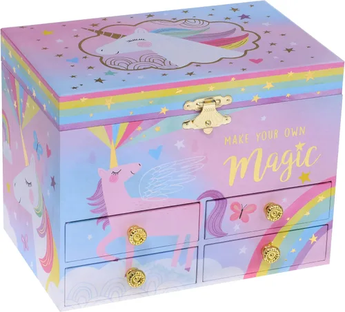 Miniatura 2 de Jewelkeeper Cotton Candy Unicorn - Caja de almacenamiento musical grande para joyas con 4 cajones extraíbles, joyero musical para niña, hermoso tono