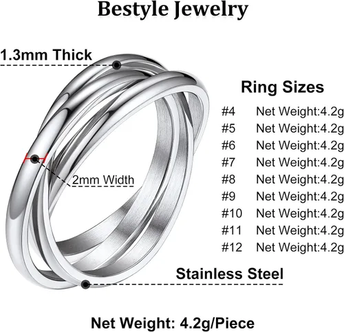Miniatura 7 de Bestyle Anillos entrelazados para mujeres y niñas, anillos cruzados apilables de acero inoxidable en tono plataorooro rosanegro, anillo de promesa