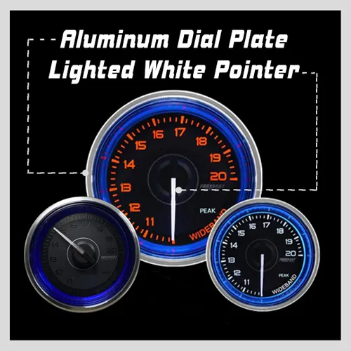 Miniatura 2 de Prosport Performance Medidor de relación de combustible aire de banda ancha Crystal Blue Series Lente ámbar/blanco transparente con puntero blanco