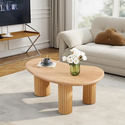 Miniatura 8 de Mesa de centro acanalada, mesas de centro de granja de 39 pulgadas para sala de estar, mesa central de madera baja, mesa de té pequeña con base