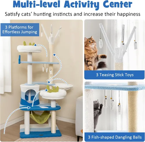 Miniatura 5 de Tangkula Árbol para gatos con temática oceánica, torre para gatos de varios niveles con postes rascadores de sisal, condominio, perca, hamaca