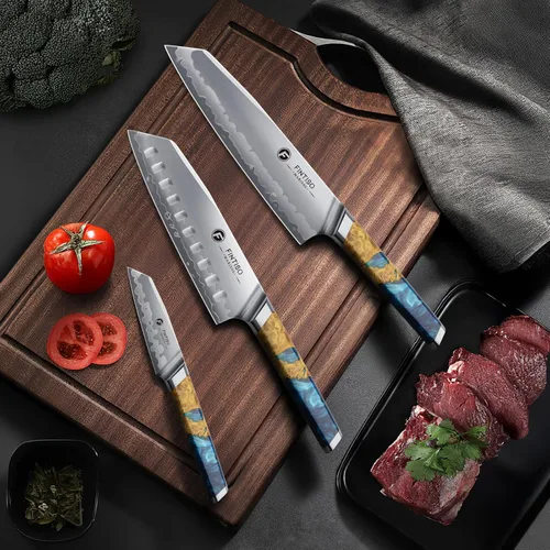 Miniatura 2 de Juego de cuchillos de cocina de 3 piezas, juego de cuchillos de chef japoneses con núcleo de acero en polvo S35VN, mango de resina y madera, juego
