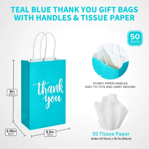 Miniatura 3 de DjinnGlory Paquete de 50 bolsas de papel pequeñas de color verde azulado con asas de 9 x 5.5 x 3.15 pulgadas y 50 bolsas de papel de seda blanco