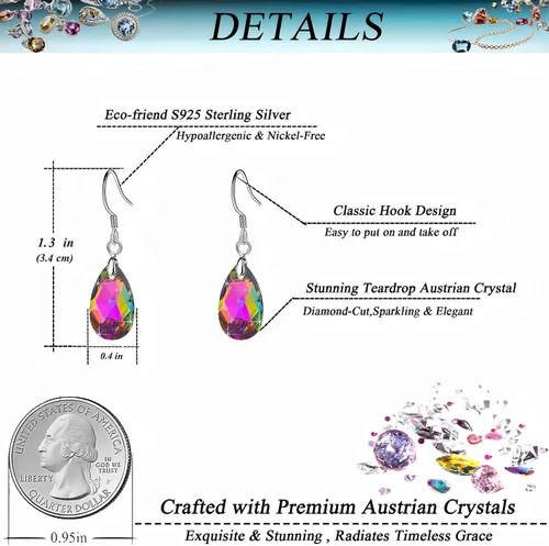 Miniatura 29 de Aretes colgantes de cristal austriaco con forma de lágrima para mujer, joyería hipoalergénica de plata de ley 925
