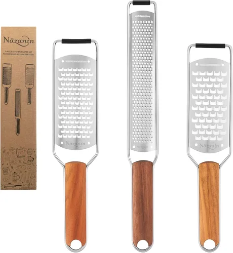 NAZANIN Juego de rallador y rallador de queso de acero inoxidable de 3 piezas con asas de madera de acacia, para parmesano, ralladura de limón,