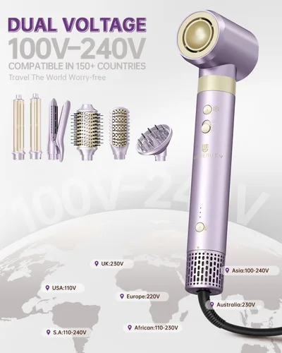 Miniatura 2 de Cepillo secador de pelo, estilizador de aire caliente de doble voltaje 8 en 1, secado rápido, 110,000 rpm, secador iónico con accesorios alisadores