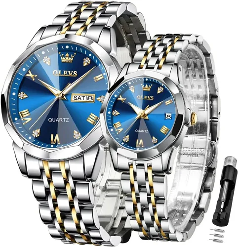 Miniatura 49 de OLEVS Juego de 2 relojes de cuarzo para parejas de San Valentín, calendario luminoso, ventana de fecha, 3 ATM, impermeable, casual, acero