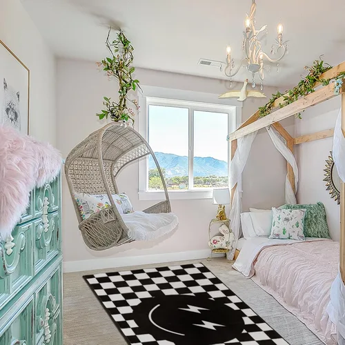 Miniatura 5 de Demissle Alfombra negra con diseño de sonrisa, diseño a cuadros, divertida, para dormitorio, contemporánea, a cuadros, decoración de habitación
