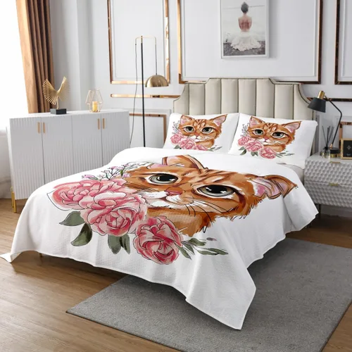 Miniatura 3 de Feelyou Juego de colcha acolchada para niñas y gatos para niños, hija, lindo juego de colcha con estampado de gatitos, flores florales de rosas
