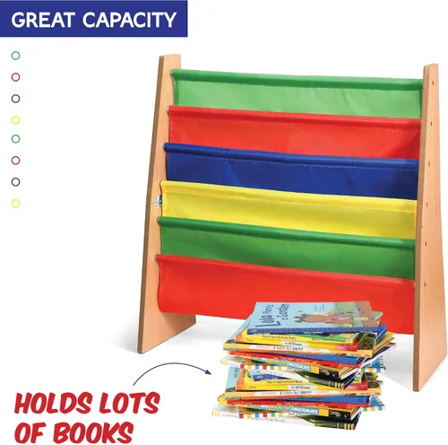Miniatura 4 de Sagler Organizador de libros para niños pequeños – Estuche de madera para libros y revistas con 5 estantes de tela de nailon multicolor – Estantería