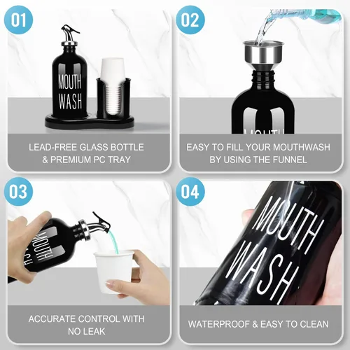 Miniatura 3 de Dispensador de Enjuague Bucal de Vidrio con Portavasos, BYAWAY Juego de Enjuague Bucal para Baño, Contenedor de Botella de Enjuague Bucal Recargable
