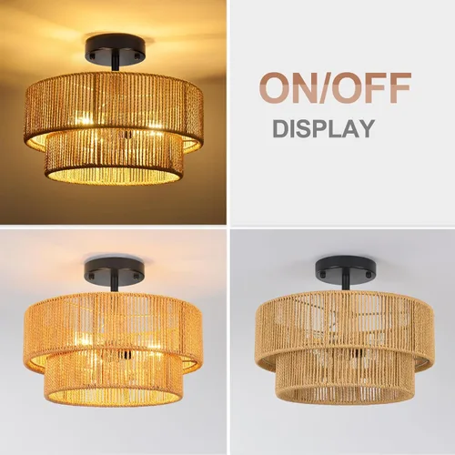 Miniatura 5 de ZECOXOL Lámpara de Techo de Ratán Moderna Bohemia Chandelier de Montaje Empotrado Luz de Techo de 3 Luces 12.99", Lámparas de Luz de Mimbre Tejido