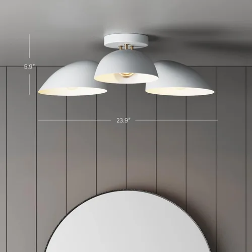 Miniatura 5 de Nathan James Argo - Lámpara de techo semi empotrada al ras, 3 luces, iluminación retro moderna con pantallas redondeadas blancas para pasillo, Latón