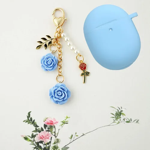 Miniatura 6 de Funda para Google Pixel Buds Pro con llavero, bonita funda de silicona para Pixel Buds Pro, funda de carga protectora con mosquetón de flores, Azul