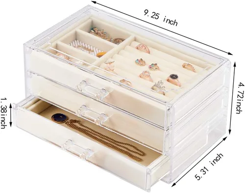 Miniatura 2 de Weiai Joyero acrílico con 3 cajones organizador de joyas de terciopelo aretes anillos collares pulseras vitrina regalo para mujeres niñas beige