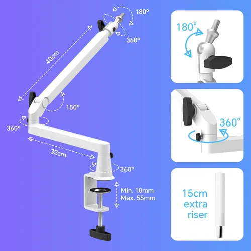 Miniatura 3 de Brazo de Micrófono de Bajo Perfil Brazo de Boom de Micrófono Profesional Ajustable con Elevador de 15cm Montaje de Escritorio Sólido Abrazadera